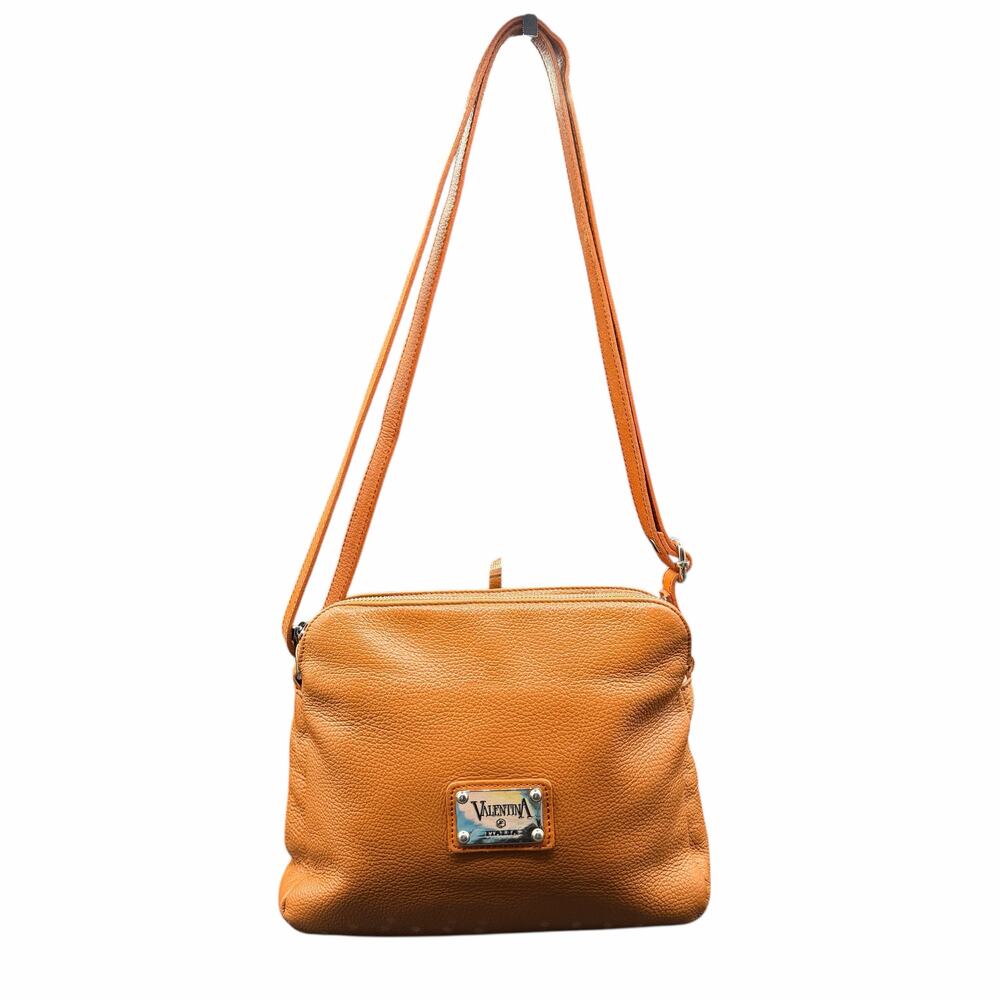 Valentina Italy Pebbled Leather Crossbody Bag Cognac Tan Zip Purse